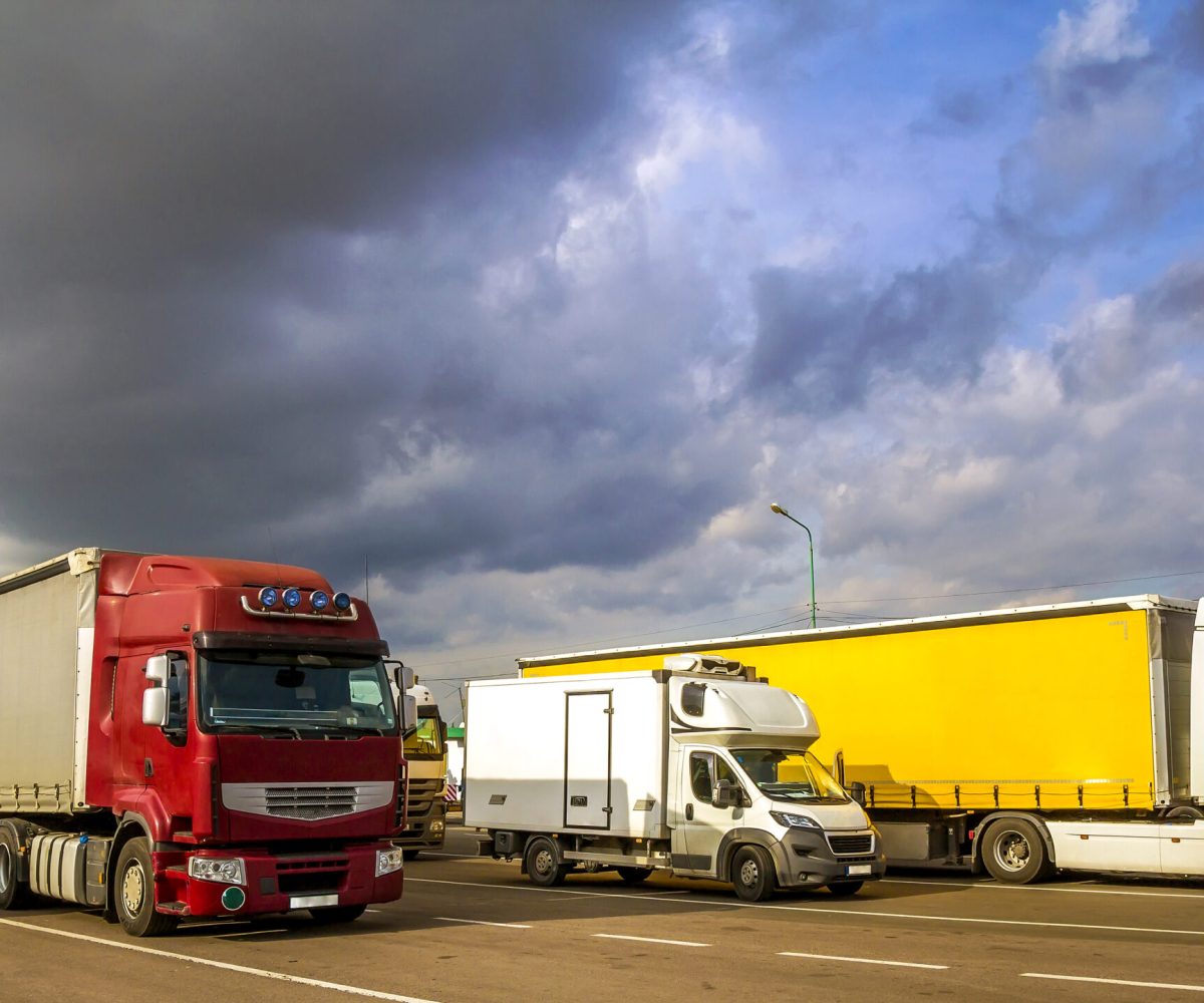 Colorful modern big semi-trucks and trailers of different makes and models stand in row on flat parking lot of truck stop in sunshine
